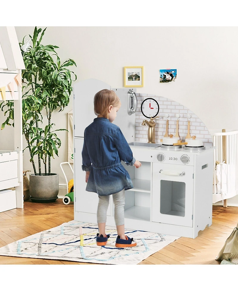 Akiudex Wooden Kids Play Kitchen Set with Stove, Sink, Clock, and Storage Cabinets