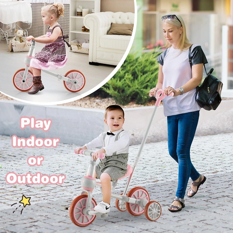 4-in-1 Kids Trike Bike with Adjustable Parent Push Handle and Seat Height - Pink