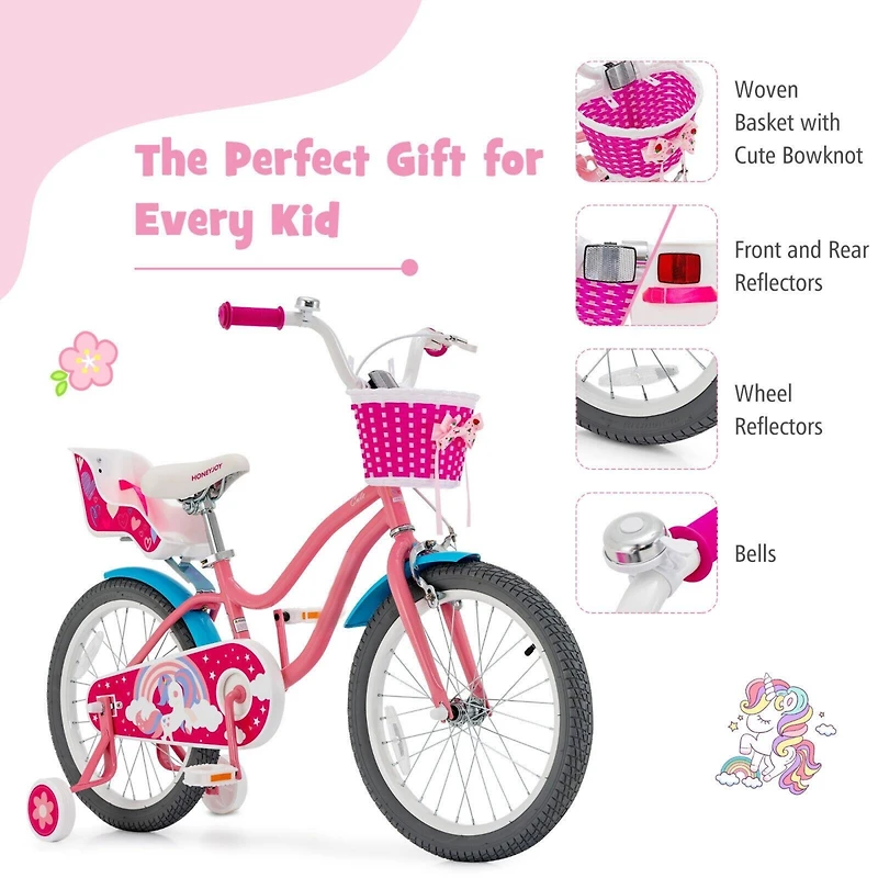 Kids Bicycle with Training Wheels and Basket for Boys and Girls Ages 3-9 - 18 Inches