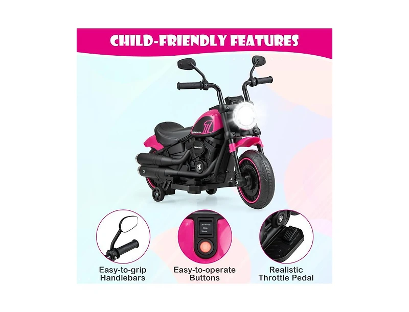 Kids Electric Motorcycle with Training Wheels and Led Headlights - Pink