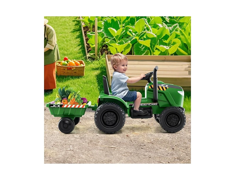 12V 2-in-1 Kids Ride-On Tractor with Trailer and 3-Gear Shift - Grayish Green