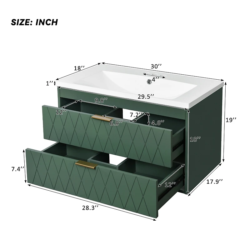 Casainc 30" Floating Bathroom Vanity With Resin Sink and 2 Drawers, Solid Wood Construction