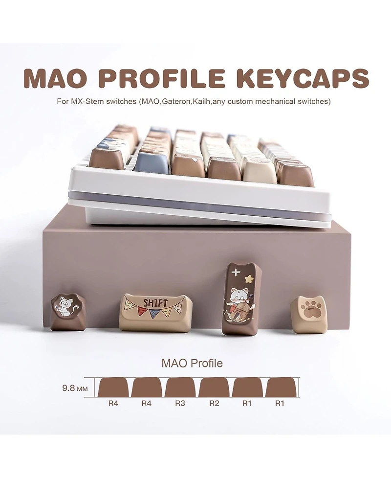 Dye-Sub Pbt Keycap Set, Mao Profile, 142 Full Keys Cute Cat Custom Keycaps with Key Puller for Cherry Gateron Mx Switches Mechanical Gaming Keyboard