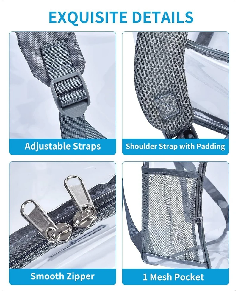 Clear Backpack Stadium Approved, Small Clear Backpack with Padded Shoulder Straps for School Security Travel Concert Sport Events - Grey