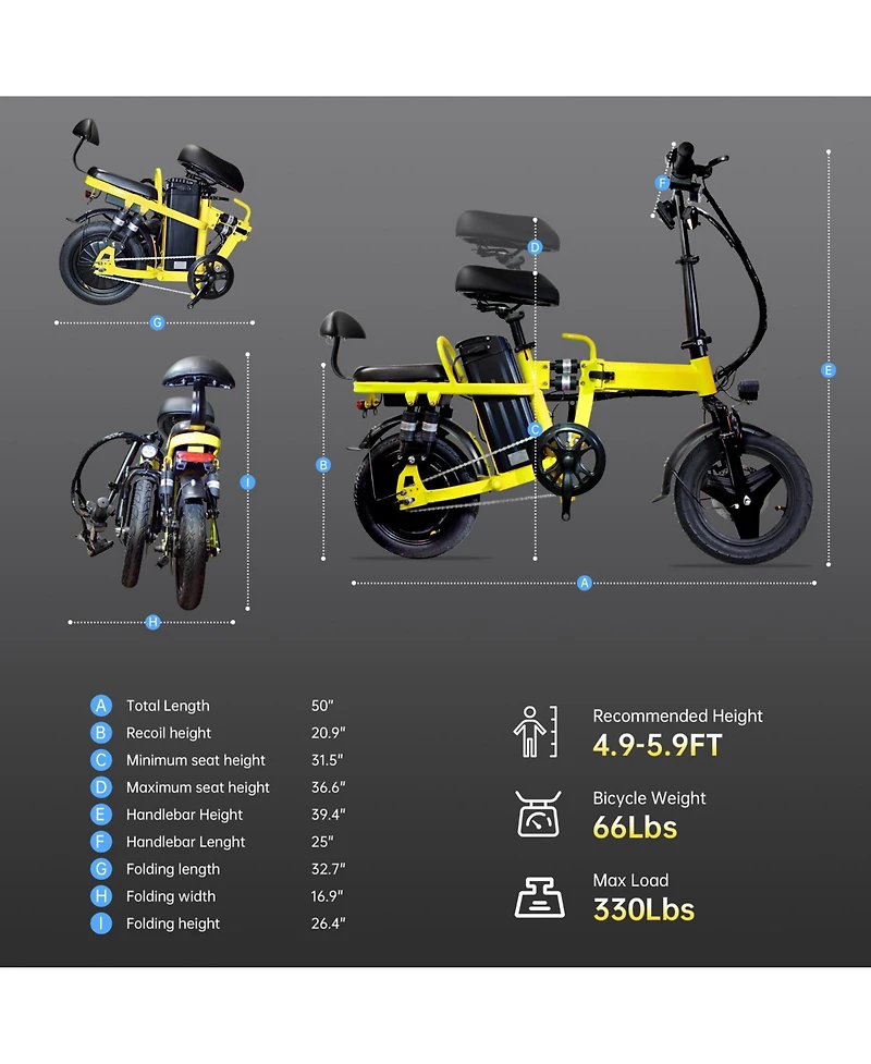 Foldable Electric Bicycle, 500W Peak Motor 45 Miles 80KM Max Range, Upgraded E-bike with Front Basket, Phone Holder and Digital Display-Yellow