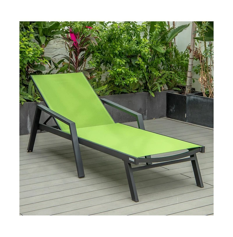 LeisureMod Marlin Patio Chaise Lounge Chair With Armrests in Black Aluminum Frame