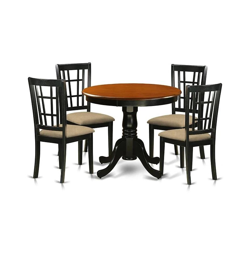 East West Furniture 5 Pc Dining Table with 4 Linen Chairs in Black and Cherry