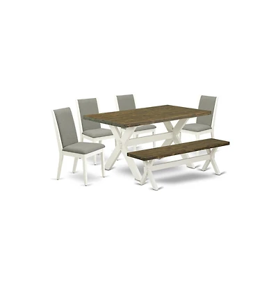 East West Furniture 6-Piece Stylish Rectangular Dining Room Table Set a Great Distressed Jacobean rectangular Table Top and Distressed Jacobean Indoor