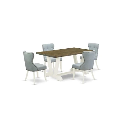 East West Furniture 5-Piece Dining Table Set- 4 Upholstered Dining Chairs with Baby Blue Linen Fabric Seat and Button Tufted Chair Back