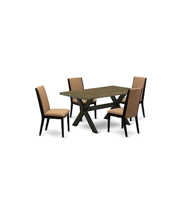 East West Furniture 5-Piece Beautiful kitchen table set a Great Distressed Jacobean Kitchen Rectangular Table Top and 4 Stunning Linen Fabric Dining R