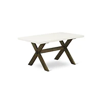 East West Furniture 3 Piece Dining Room Table Set - 1 Linen White Small Kitchen Table and 2 Small Wooden Benches - Distressed Jacobean Finish