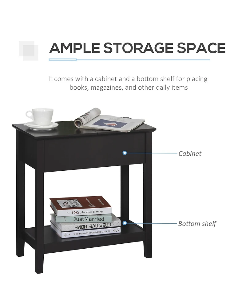 Homcom Wood Flip Top End Side Table with Cabinet Bottom Shelf for Home Office