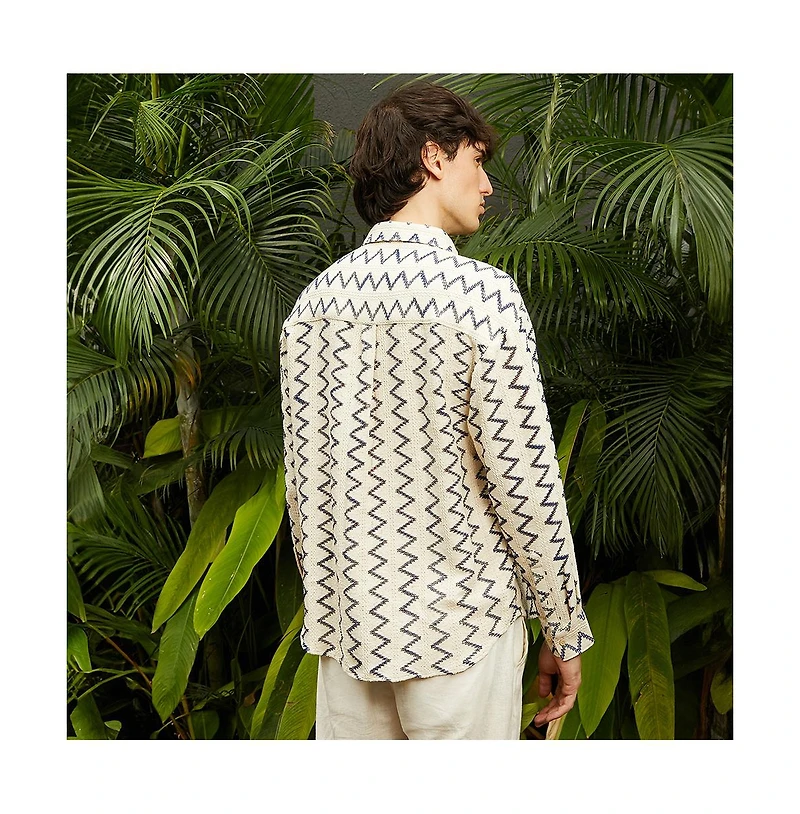 Campus Sutra Men's Cream White Zig-Zag Knit Shirt