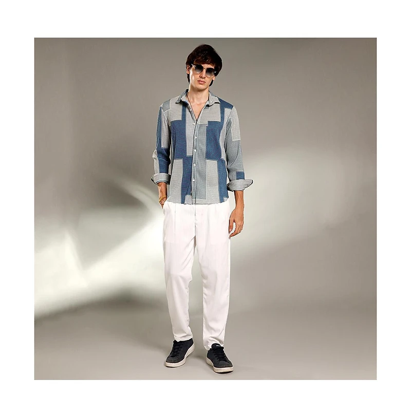 Campus Sutra Men's Cloud Grey & Lapis Blue Retro-Pleat Shirt