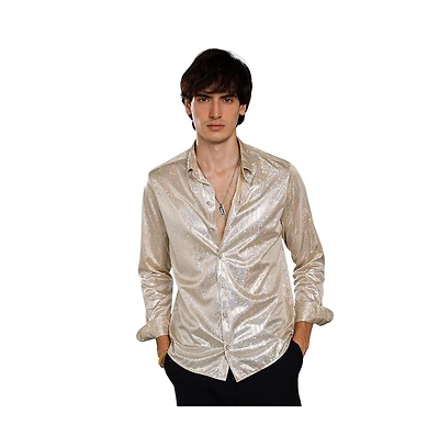Campus Sutra Men's Metallic Beige Sheen Chevron Shirt