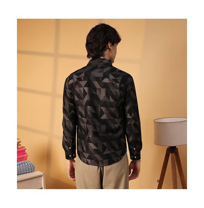 Campus Sutra Men's Midnight Black Geometric Seersucker Shirt