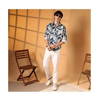 Campus Sutra Men's Ivory White & Indigo Blue Foliage-Waffle Shirt