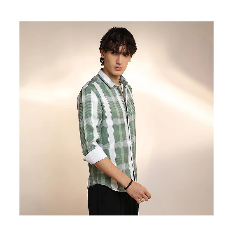 Campus Sutra Men's Sage Green Tartan Plaid Shirt