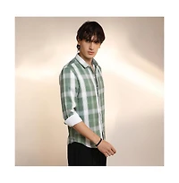 Campus Sutra Men's Sage Green Tartan Plaid Shirt