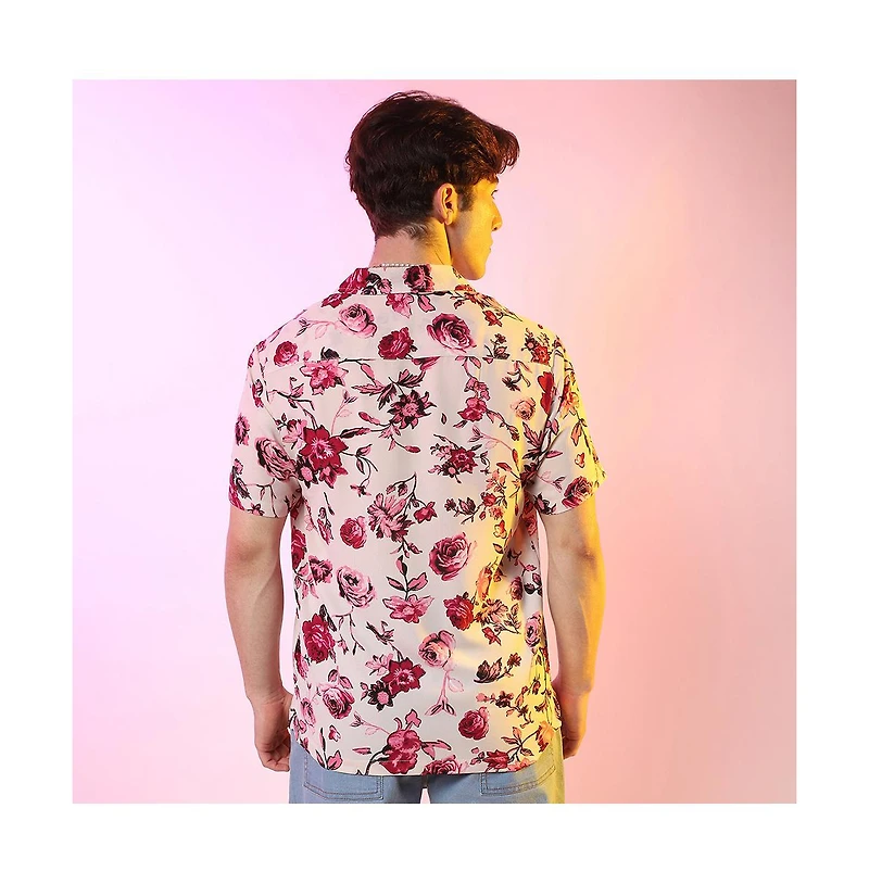 Campus Sutra Men's Vermillion Red & Ivory White Rose Shirt
