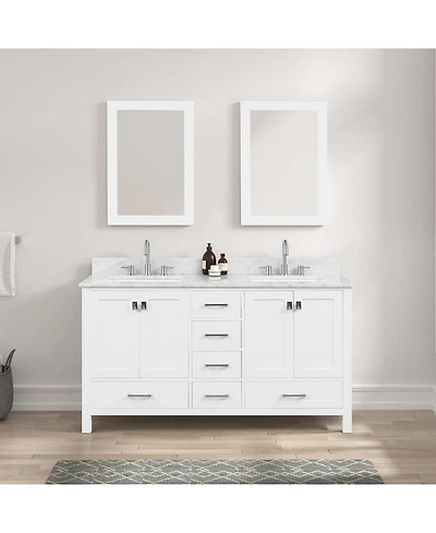 Vanirror 60-Inch Double Bathroom Vanity in Matte White – Solid Wood Cabinet with Marble Countertop and Ceramic Undermount Sink
