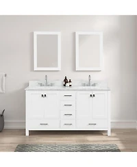 Vanirror 60-Inch Double Bathroom Vanity in Matte White – Solid Wood Cabinet with Marble Countertop and Ceramic Undermount Sink