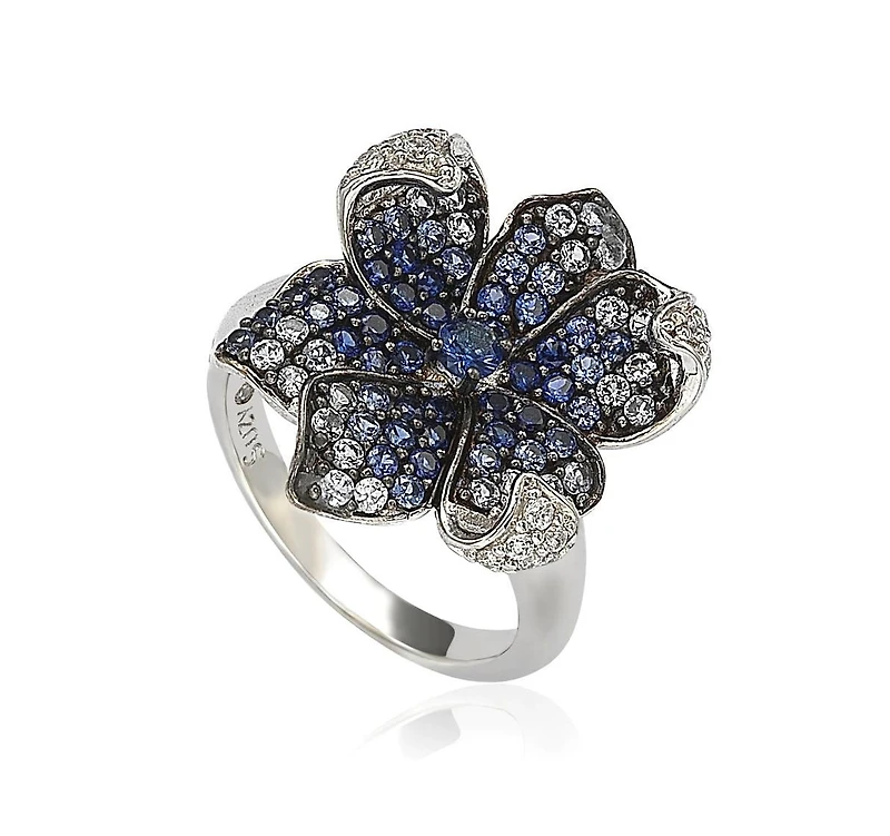 Suzy Levian New York Sterling Silver Sapphire & Created White Flower Petal Ring