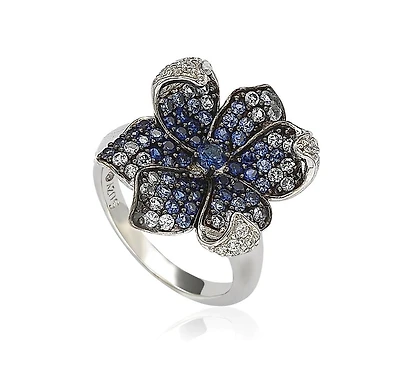 Suzy Levian New York Sterling Silver Sapphire & Created White Flower Petal Ring
