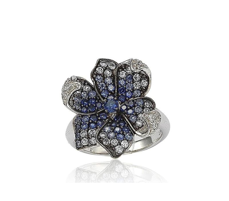 Suzy Levian New York Sterling Silver Sapphire & Created White Flower Petal Ring
