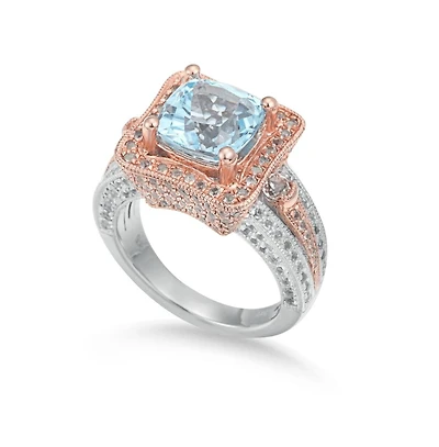Suzy Levian Two-Tone Sterling Silver Cushion Cut Center Topaz Cocktail Paris Ring