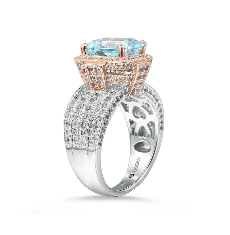 Suzy Levian New York Two-Tone Sterling Silver Emerald Cut Center Topaz Cocktail Milano Ring