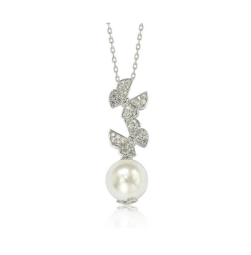 Suzy Levian Sterling Silver Pearl and White Sapphire Butterfly Pendant