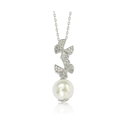 Suzy Levian Sterling Silver Pearl and White Sapphire Butterfly Pendant