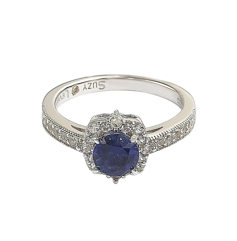Suzy Levian Sterling Silver Sapphire & Created White Eccentric Halo Center Stone Ring