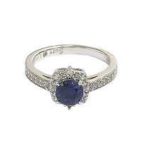 Suzy Levian Sterling Silver Sapphire & Created White Eccentric Halo Center Stone Ring