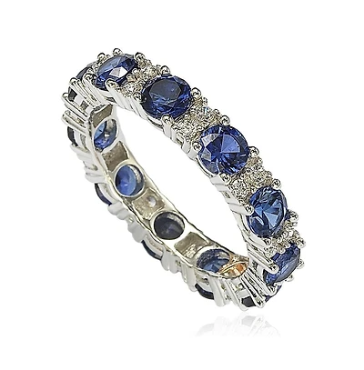 Suzy Levian Sterling Silver Sapphire & Created White Round Cut Eternity Band Ring