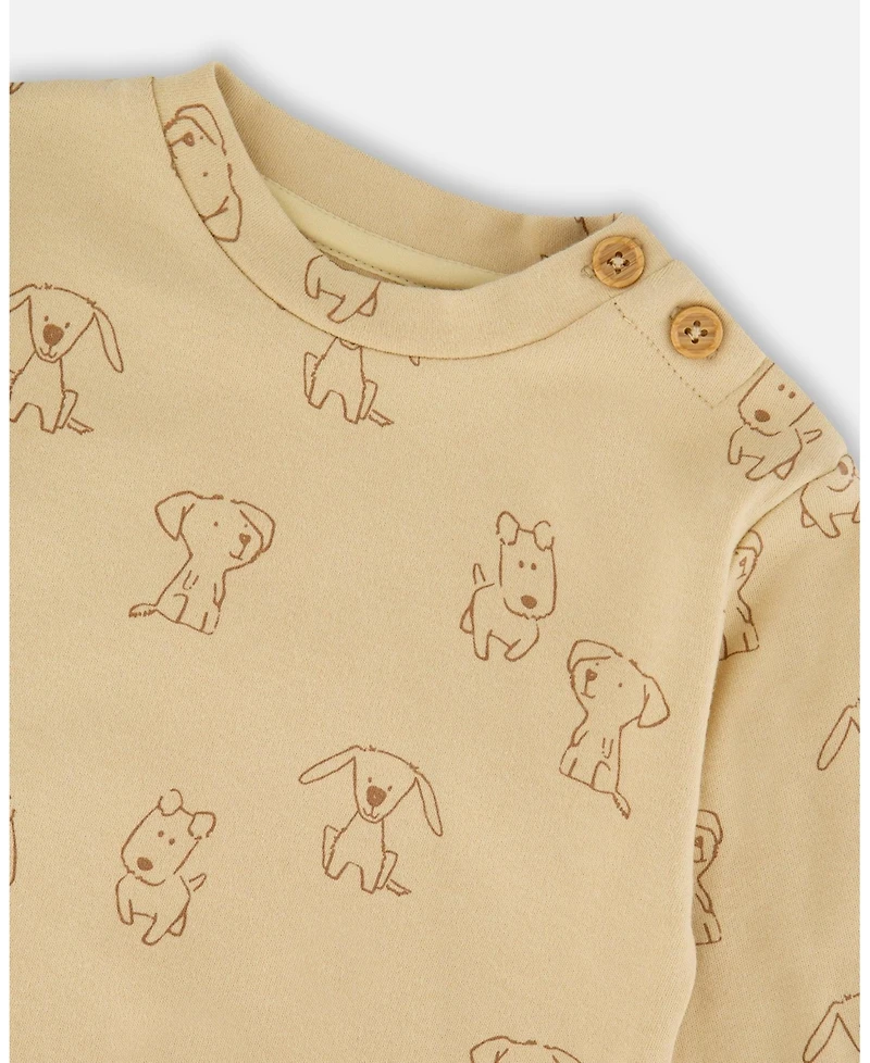Deux par Baby Boy Cotton Pant and Top Set Beige Printed Dogs