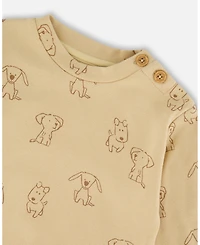 Deux par Baby Boy Cotton Pant and Top Set Beige Printed Dogs