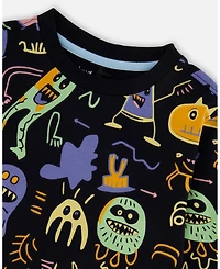 Deux par Toddler Boys Long Sleeve Cotton Allover Monsters Print Tee - Toddler|Child