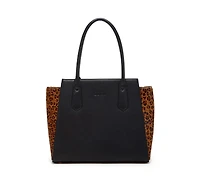Susu Black Leather Tote Bag with Leopard Print Sides Large Women's Shoulder Bag for Work, Travel, and Everyday Use