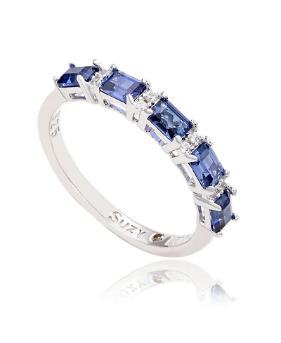Suzy Levian New York Sterling Silver Sapphire & Created White 5 Stone Emerald Cut Thin Half Band Ring