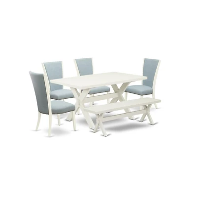 East West Furniture 6 Piece Dinette Set - 4 Baby Blue Linen Fabric Dining Room Chairs with Nailheads and Linen White Wooden Dining Table