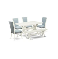 East West Furniture 6 Piece Dinette Set - 4 Baby Blue Linen Fabric Dining Room Chairs with Nailheads and Linen White Wooden Dining Table