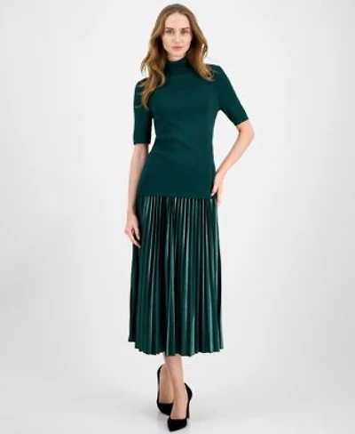 Anne Klein Womens Half Sleeve Turtleneck Sweater Pleated Flared Midi Skirt