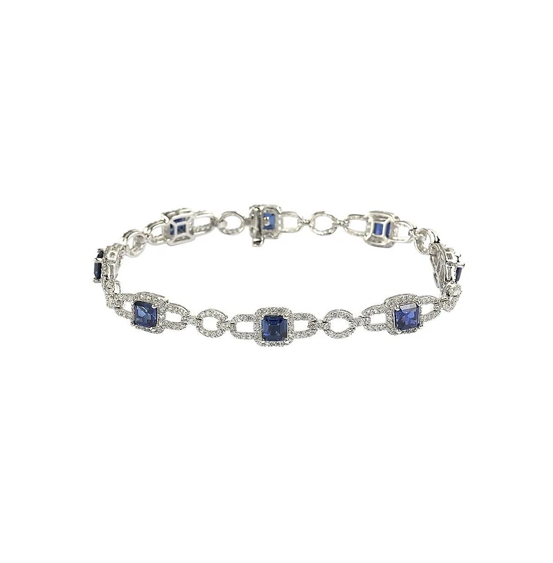 Suzy Levian Sterling Silver Sapphire & Created White Asscher-cut Pave Link Bracelet