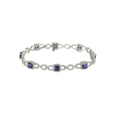 Suzy Levian Sterling Silver Sapphire & Created White Asscher-cut Pave Link Bracelet