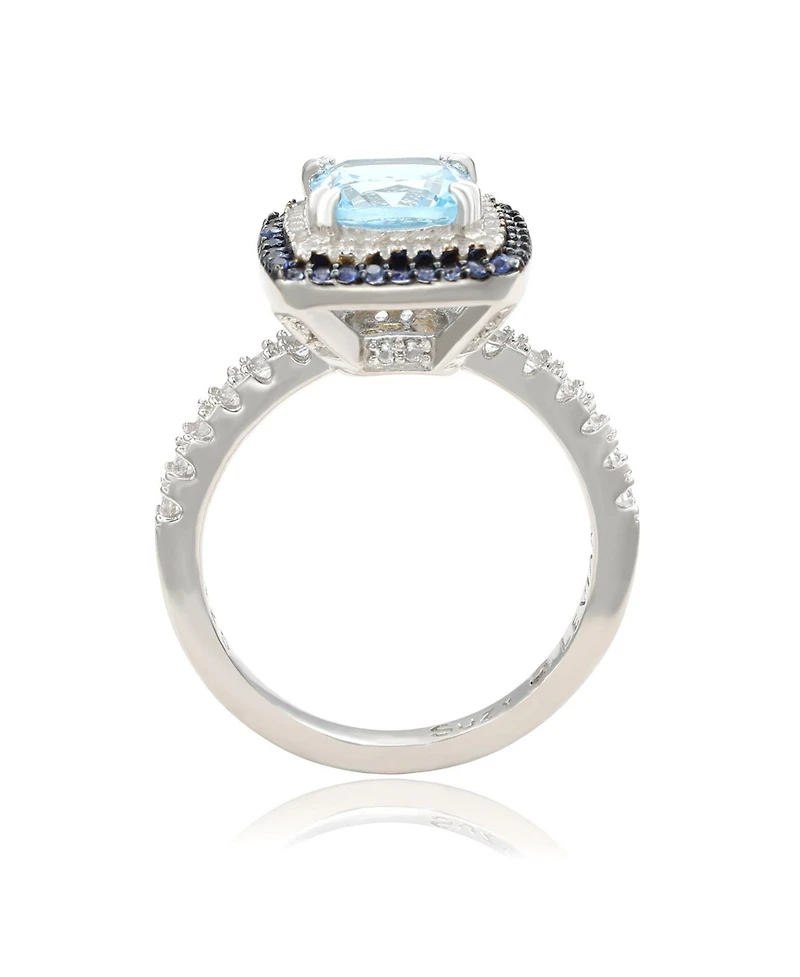 Suzy Levian Sterling Silver Cushion Cut Topaz Sapphire Double Halo Ring
