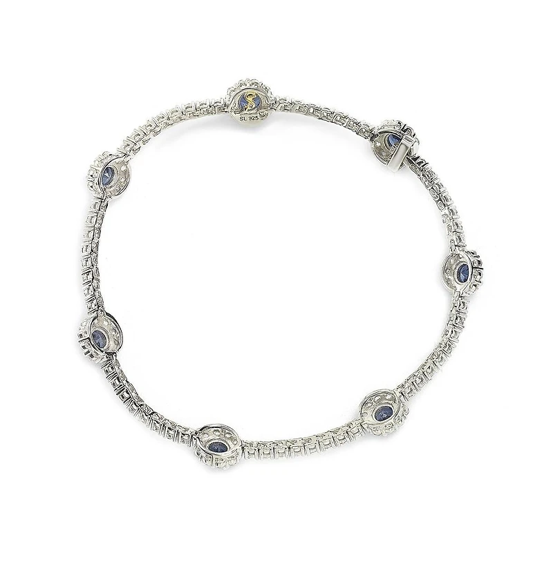 Suzy Levian New York Sterling Silver Sapphire & Created White Round Halo Pave Tennis Bracelet