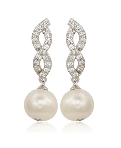 Suzy Levian Sterling Silver Pearl & White Sapphire Dangle Earrings