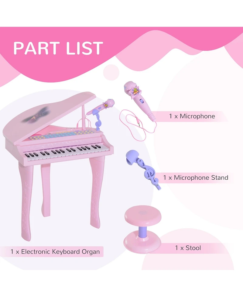 Kids Piano Keyboard Drum Set with Sounds, Microphone, Light, Stool
